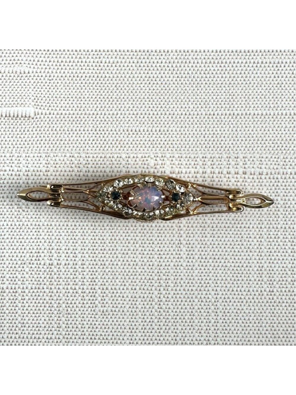 Vintage Gold Tone Bar Brooch With Opal Blue & Clear Rhinestones Elegant Womens J